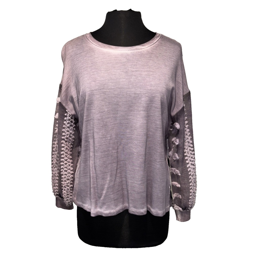 NEW Dantelle Loop Terry Side Slit Sweatshirt‎ Sz M Purple Sheer Mesh Long Sleeve